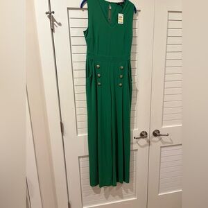 INC International Concepts Emerald  Green Maxi Jumpsuit  with Gold Buttons NWT